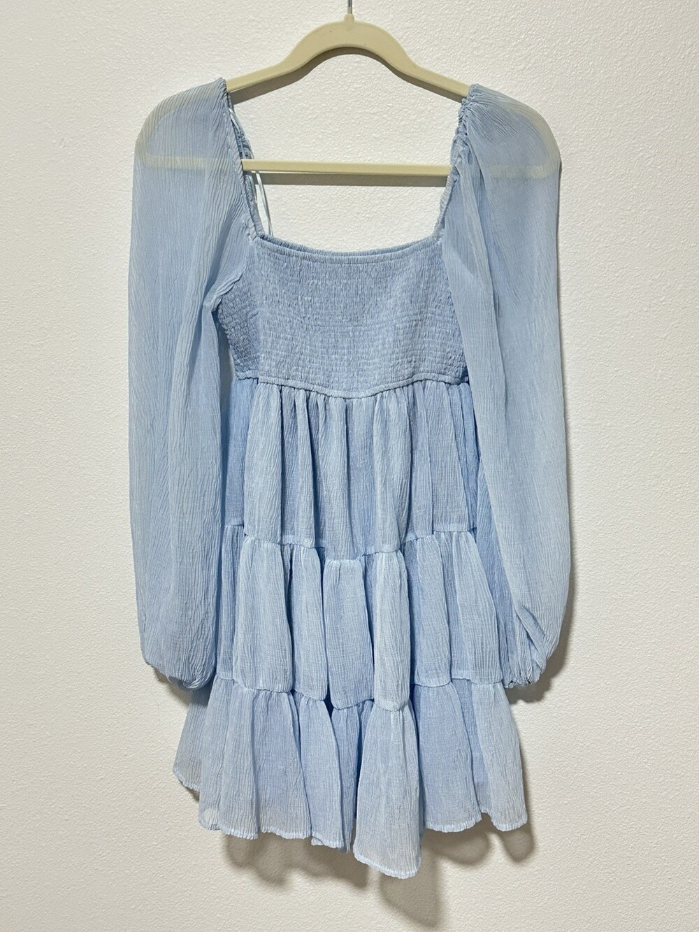 Altar'd State Blue Textured Smocked Boho Tiered Mini Dress Puff Sleeve XS